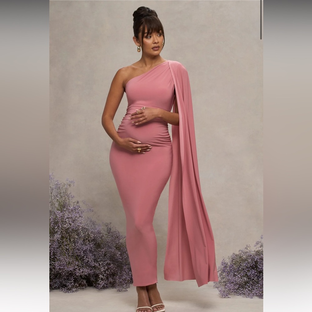 BLUSH PINK MATERNITY ONE SHOULDER MAXI DRESS WITH CAPE SLEEVE